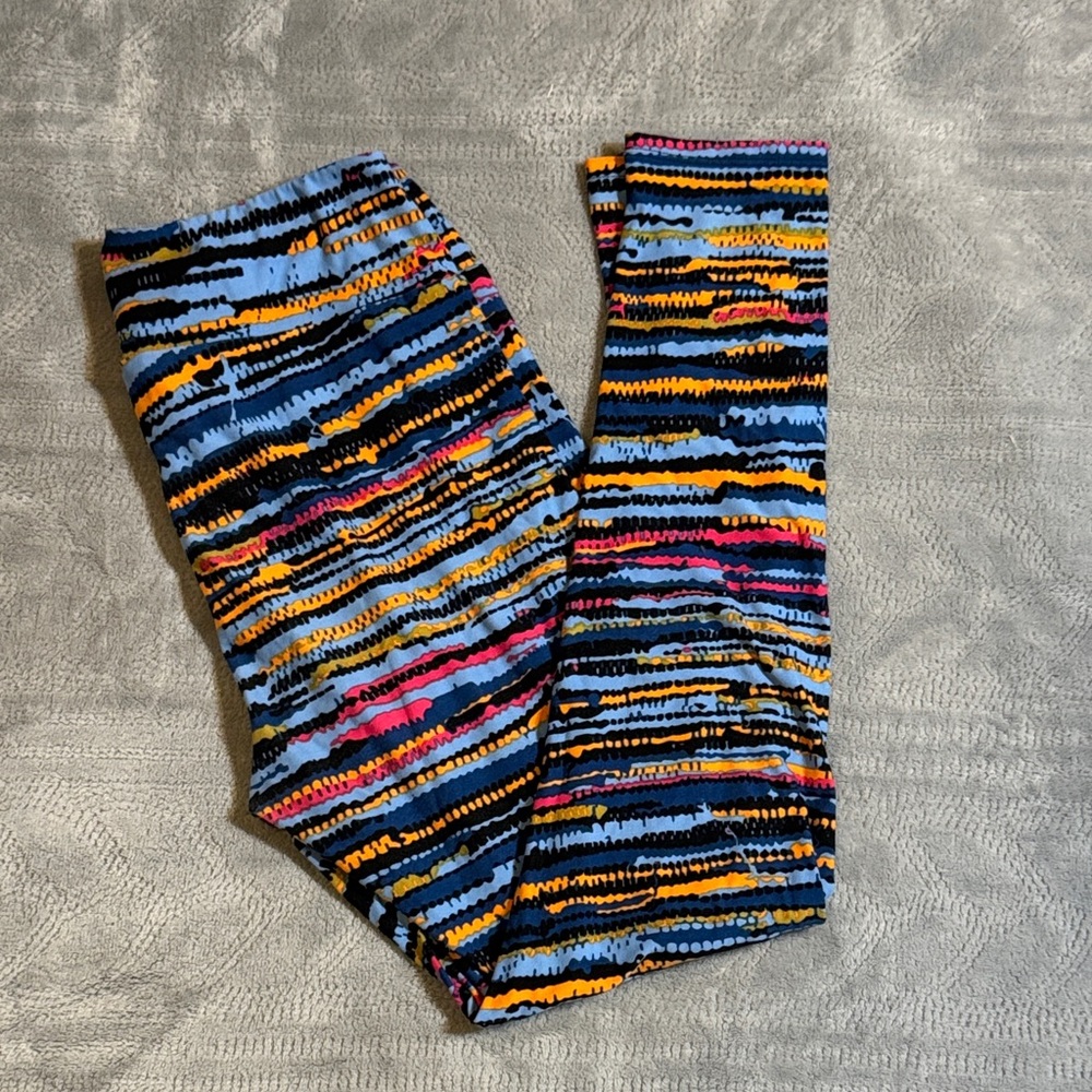 LuLaRoe Striped Blue Leggings with Yellow, Pink and Black Accents